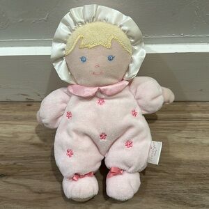 Prestige My First Baby Doll 8” Blonde Blue Eye Pink Flower Romper with Rattle